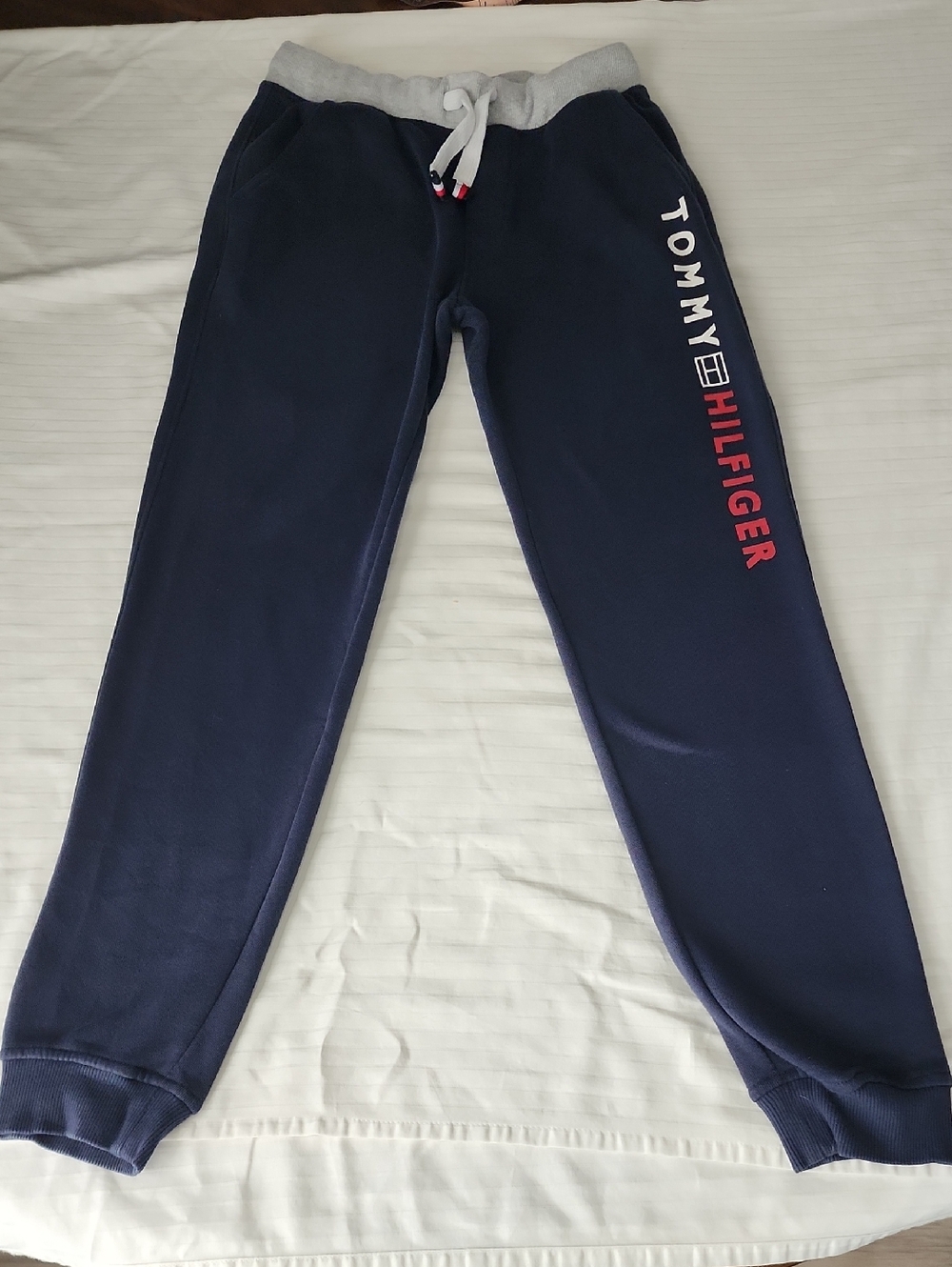 Tommy Hilfiger Navy Jogger Sweatpants with Gray Waistband and Red Logo